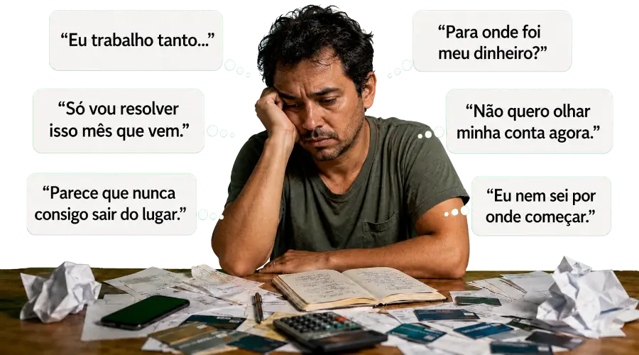 Pessoa preocupada com pensamentos sobre dinheiro, contas e gastos invisíveis